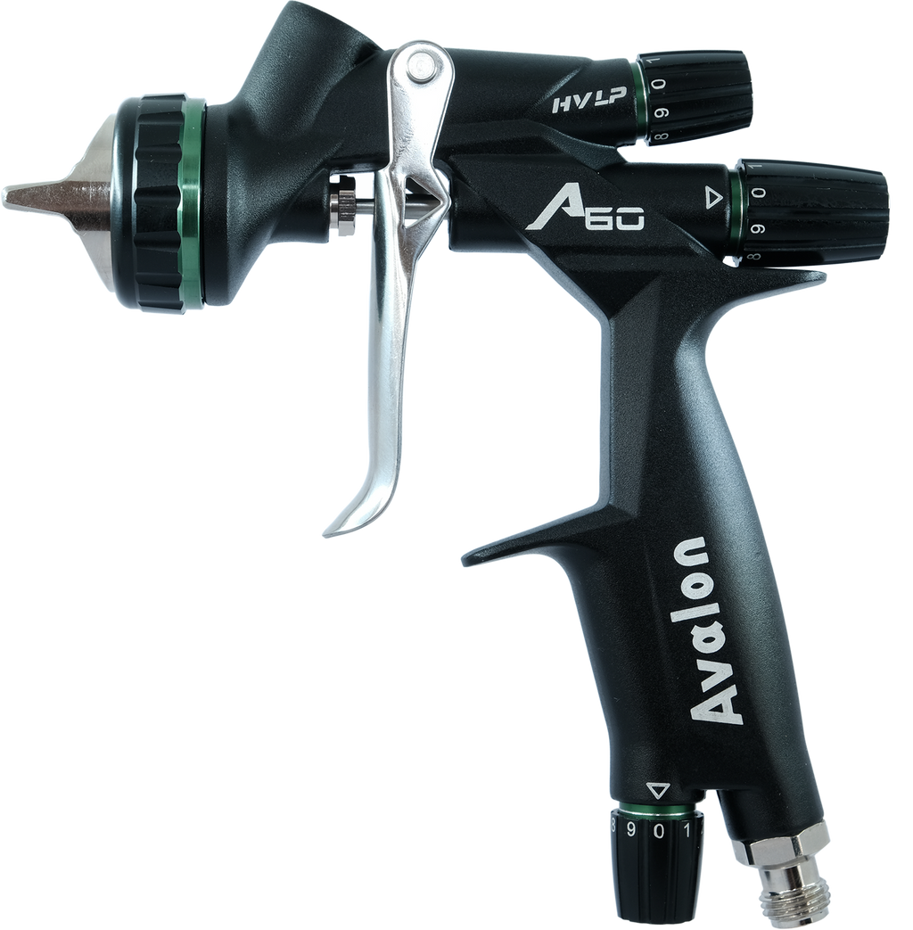 Avalon HVLP spray gun 1.3mm nozzle base coat
Avalon HVLP 1.4mm clear coat application
Avalon HVLP 1.5mm primer fan 
pattern
A-60 HTE with patented U-split tip for 80% transfer