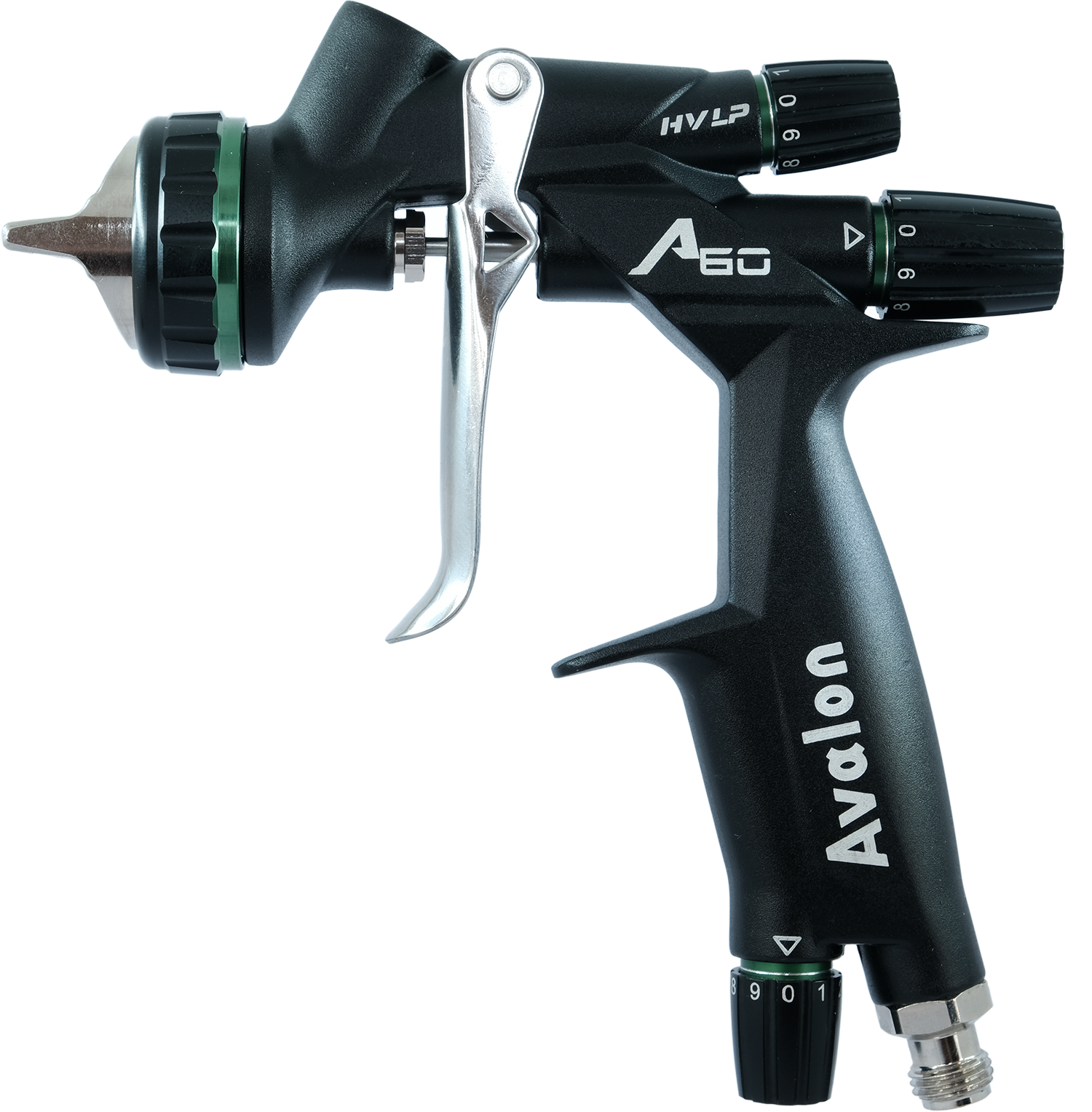 Avalon HVLP spray gun 1.3mm nozzle base coat
Avalon HVLP 1.4mm clear coat application
Avalon HVLP 1.5mm primer fan 
pattern
A-60 HTE with patented U-split tip for 80% transfer