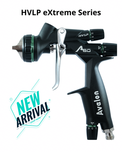Avolon HVLP eXtreme Series spray gun with 'New Arrival' label on a white background. Automotive spray gun. Top refinishing air gun
