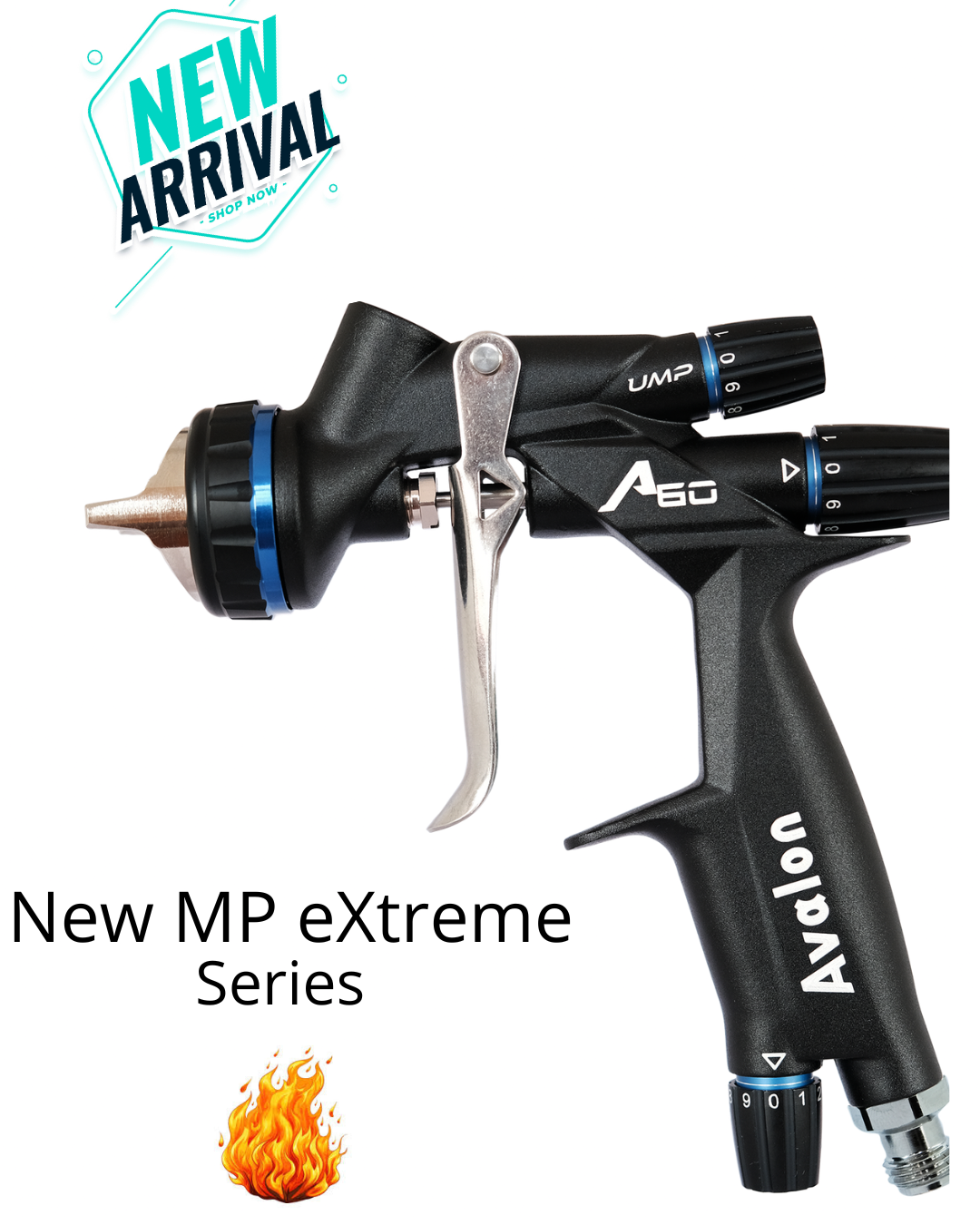 Avalon spray gun with 'New MP eXtreme Series' text and flame icon on a white background. Automotive refinishing