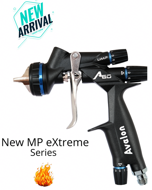 Avalon spray gun with 'New MP eXtreme Series' text and flame icon on a white background. Automotive refinishing